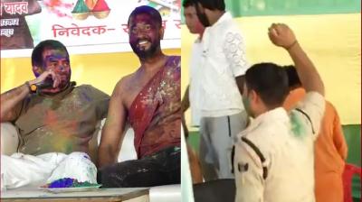 Tej Pratap Yadav forces cop to dance on Holi, viral video news in hindi